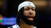Apr 16, 2025; Sacramento, California, USA; Dallas Mavericks forward Anthony Davis (3) bleeds from the mouth after a play during the fourth quarter against the Sacramento Kings at Golden 1 Center. Mandatory Credit: Sergio Estrada-Imagn Images