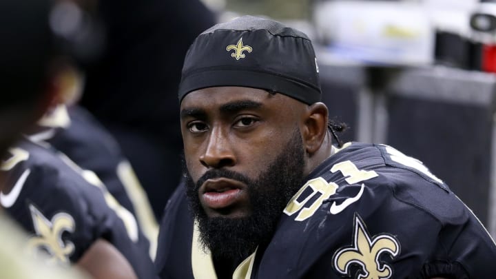 Nov 7, 2021; New Orleans, Louisiana, USA; New Orleans Saints defensive end Josiah Bronson (91) during the second half against the Atlanta Falcons at the Caesars Superdome. Mandatory Credit: Chuck Cook-USA TODAY Sports