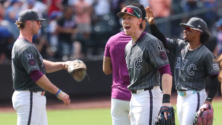New York Mets third baseman Brett Baty celebrates with MLB teammates after defeating the Cincinnati Reds New York Mets third baseman Brett Baty celebrates with MLB teammates after defeating the Cincinnati Reds