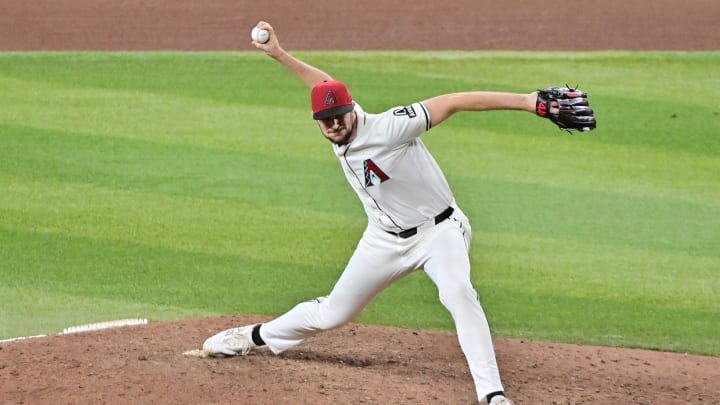 Jul 31, 2024; Phoenix, Arizona, USA; Arizona Diamondbacks pitcher Ryan Thompson (81) pitches in the ninth inning against the Washington Nationals at Chase Field. Mandatory Credit: Matt Kartozian-USA TODAY Sports