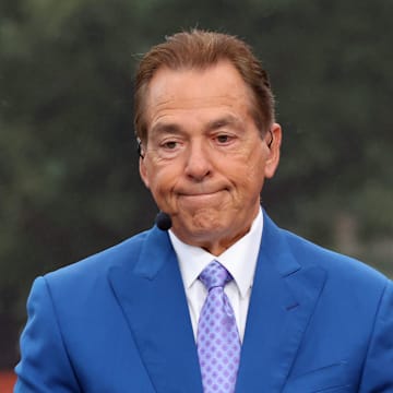 Nick Saban on stage at ESPN College GameDay ahead of the University of Oklahoma-Michigan College football game on Sep 6, 2025 in Norman.