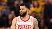 Apr 28, 2025; San Francisco, California, USA; Houston Rockets guard Fred VanVleet (5) questions the call after a play against Golden State Warriors guard Brandin Podziemski (2) during the fourth quarter of game four of the 2025 NBA Playoffs first round at Chase Center. Mandatory Credit: Kelley L Cox-Imagn Images