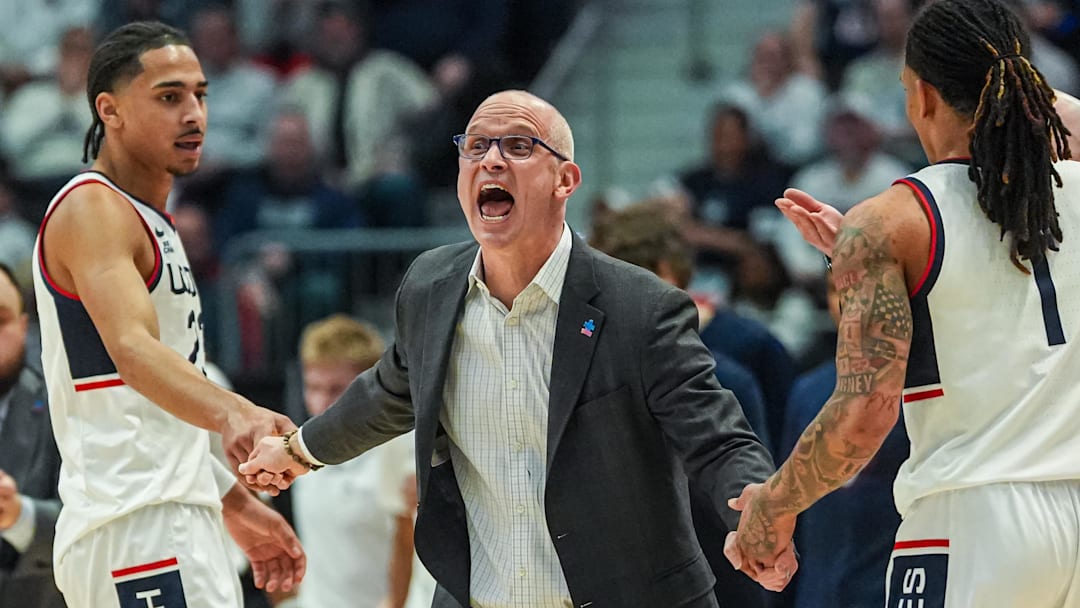 Feb 25, 2026; Hartford, Connecticut, USA; UConn Huskies head coach Dan Hurley reacts during a break as they take on the St. John's Red Storm at PeoplesBank Arena. Mandatory Credit: David Butler II-Imagn Images