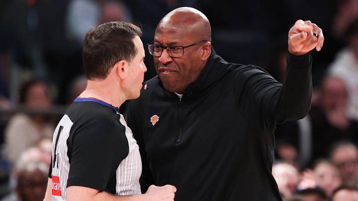 Mar 4, 2026; New York, New York, USA; New York Knicks head coach Mike Brown argues with referee Brian Forte (45) during the first half against the Oklahoma City Thunder at Madison Square Garden. Mandatory Credit: Vincent Carchietta-Imagn Images