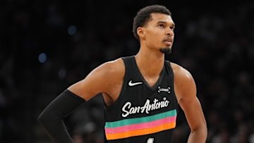 Nov 12, 2025; San Antonio, Texas, USA; San Antonio Spurs forward Victor Wembanyama (1) looks up in the second half against the Golden State Warriors at Frost Bank Center.