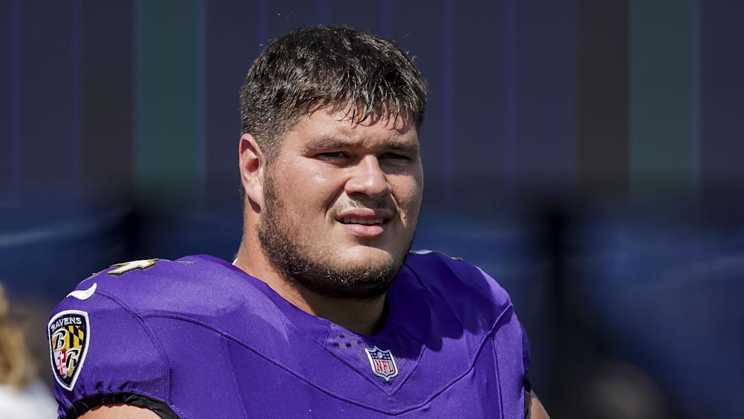 Sep 14, 2025; Baltimore, Maryland, USA; Baltimore Ravens center Tyler Linderbaum (64) before the game against the Cleveland Browns at M&T Bank Stadium. Mandatory Credit: Mitch Stringer-Imagn Images