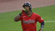 Jul 23, 2024; Cleveland, Ohio, USA; Cleveland Guardians third baseman Jose Ramirez (11) celebrates his solo home run in the fifth inning against the Detroit Tigers at Progressive Field. Mandatory Credit: David Richard-USA TODAY Sports