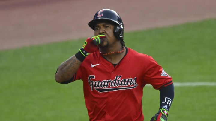 Jul 23, 2024; Cleveland, Ohio, USA; Cleveland Guardians third baseman Jose Ramirez (11) celebrates his solo home run in the fifth inning against the Detroit Tigers at Progressive Field. Mandatory Credit: David Richard-USA TODAY Sports