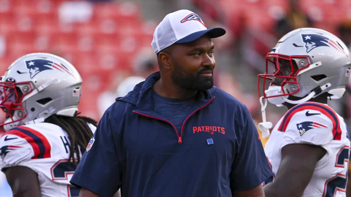 Aug 25, 2024; Landover, Maryland, USA; New England Patriots head coach Jerod Mayo walks the field before the start of the preseason game against the Washington Commanders at Commanders Field.