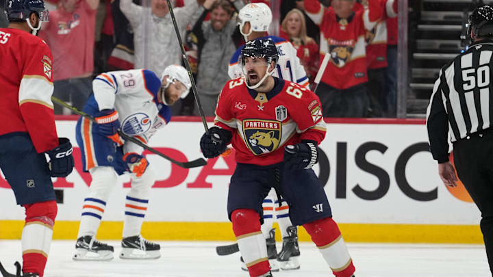 Florida Panthers forward Brad Marchand celebrates a goal in the first period against the Edmonton Oilers in Game 3 of the Stanley Cup Final. Florida Panthers forward Brad Marchand celebrates a goal in the first period against the Edmonton Oilers in Game 3 of the Stanley Cup Final.