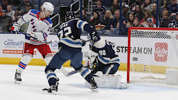 Feb 25, 2024; Columbus, Ohio, USA; Columbus Blue Jackets goalie Elvis Merzlikins (90) makes a save