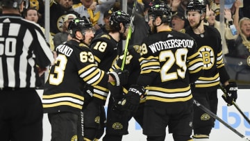 May 17, 2024; Boston, Massachusetts, USA; The Boston Bruins celebrate after a goal by center Pavel Zacha (18) during the first period in game six of the second round of the 2024 Stanley Cup Playoffs against the Florida Panthers at TD Garden. Mandatory Credit: Bob DeChiara-USA TODAY Sports