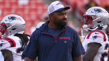 Aug 25, 2024; Landover, Maryland, USA; New England Patriots head coach Jerod Mayo walks the field before the start of the preseason game against the Washington Commanders at Commanders Field. Mandatory Credit: Tommy Gilligan-USA TODAY Sports