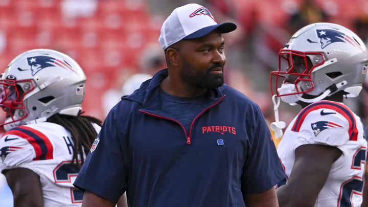 Aug 25, 2024; Landover, Maryland, USA; New England Patriots head coach Jerod Mayo walks the field before the start of the preseason game against the Washington Commanders at Commanders Field. Mandatory Credit: Tommy Gilligan-USA TODAY Sports