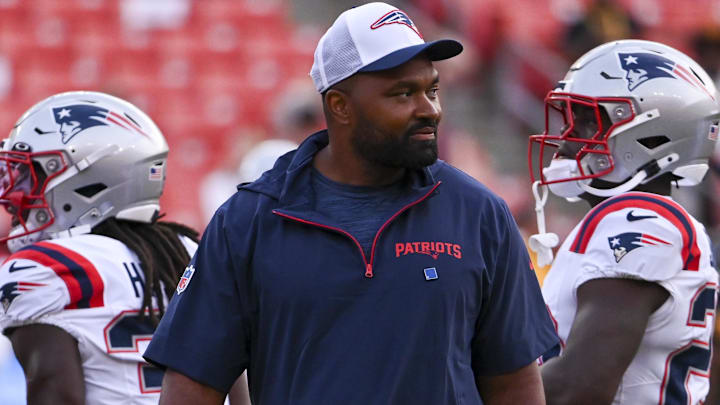 Aug 25, 2024; Landover, Maryland, USA; New England Patriots head coach Jerod Mayo walks the field before the start of the preseason game against the Washington Commanders at Commanders Field.