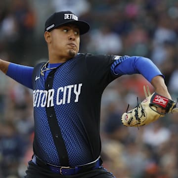 Jul 26, 2024; Detroit, Michigan, USA; Detroit Tigers pitcher Keider Montero (54) throws during the fifth inning of the game against the Minnesota Twins at Comerica Park. 