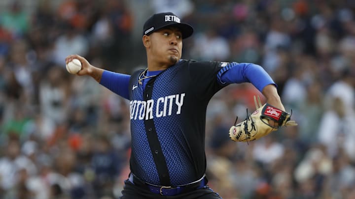 Jul 26, 2024; Detroit, Michigan, USA; Detroit Tigers pitcher Keider Montero (54) throws during the fifth inning of the game against the Minnesota Twins at Comerica Park. 