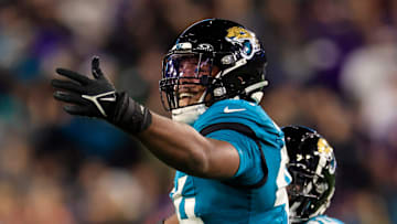 Jacksonville Jaguars linebacker Travon Walker (44) reacts to his sack on Baltimore Ravens quarterback Lamar Jackson (8), not shown, during the first quarter of a regular season NFL football matchup Sunday, Dec. 17, 2023 at EverBank Stadium in Jacksonville, Fla. The Baltimore Ravens defeated the Jacksonville Jaguars 23-7. [Corey Perrine/Florida Times-Union]