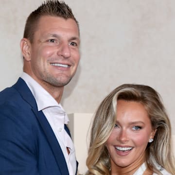 Rob Gronkowski and Camille Kostek on the red carpet ahead of the 2025 SI Swimsuit launch party in New York.