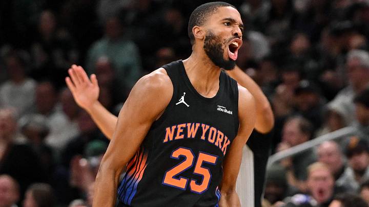 Dec 2, 2025; Boston, Massachusetts, USA; New York Knicks guard Mikal Bridges (25) reacts after making a three-point basket against the Boston Celtics during the second half at the TD Garden. Mandatory Credit: Brian Fluharty-Imagn Images