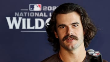 Dylan Cease addresses reporters before Game 1 of the National League Wild Card Series between the San Diego Padres and the Chicago Cubs.