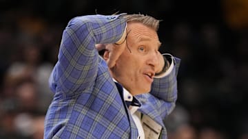 Feb 19, 2025; Columbia, Missouri, USA; Alabama Crimson Tide head coach Nate Oats reacts to a non-call against the Missouri Tigers during the first half at Mizzou Arena. Mandatory Credit: Denny Medley-Imagn Images