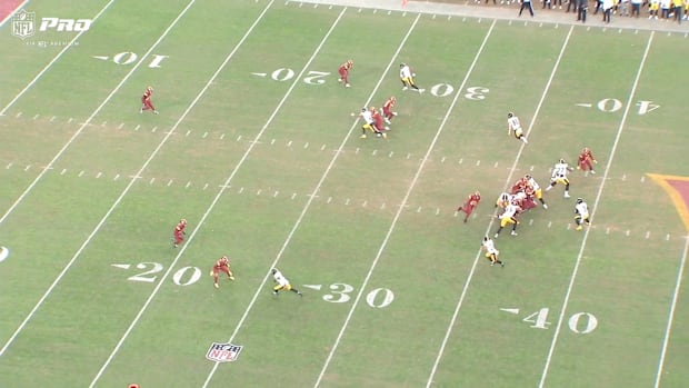 A screenshot of the Pittsburgh Steelers play during a game against the Washington Commanders.