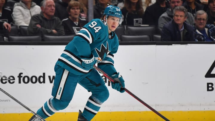 Jan 22, 2024; Los Angeles, California, USA; San Jose Sharks left wing Alexander Barabanov (94) moves the puck against the Los Angeles Kings during the first period at Crypto.com Arena. Mandatory Credit: Gary A. Vasquez-USA TODAY Sports