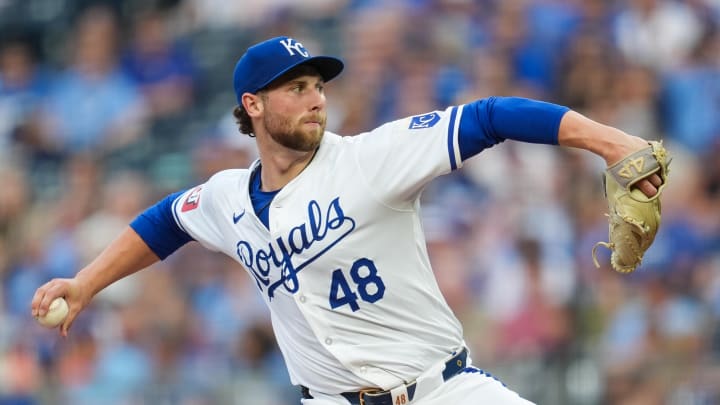 Jul 23, 2024; Kansas City, Missouri, USA; Kansas City Royals starting pitcher Alec Marsh (48) pitches during the first inning against the Arizona Diamondbacks at Kauffman Stadium. Mandatory Credit: Jay Biggerstaff-USA TODAY Sports