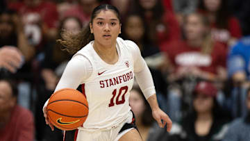 Jan 21, 2024; Stanford, California, USA; Stanford Cardinal guard Talana Lepolo (10) brings the ball up court abasing the Oregon State Beavers during the fourth quarter at Maples Pavilion. Mandatory Credit: D. Ross Cameron-Imagn Images