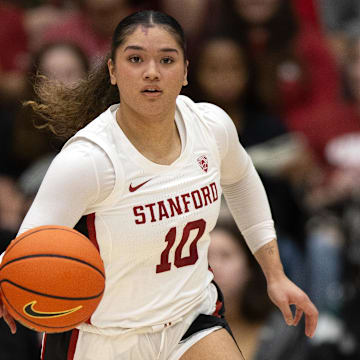 Jan 21, 2024; Stanford, California, USA; Stanford Cardinal guard Talana Lepolo (10) brings the ball up court abasing the Oregon State Beavers during the fourth quarter at Maples Pavilion. Mandatory Credit: D. Ross Cameron-Imagn Images