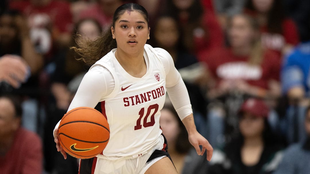 Jan 21, 2024; Stanford, California, USA; Stanford Cardinal guard Talana Lepolo (10) brings the ball up court abasing the Oregon State Beavers during the fourth quarter at Maples Pavilion. Mandatory Credit: D. Ross Cameron-Imagn Images