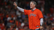 Oct 26, 2021; Houston, TX, USA; Houston Astros former player Craig Biggio throws out the ceremonial first pitch before playing the Atlanta Braves in game one of the 2021 World Series at Minute Maid Park.