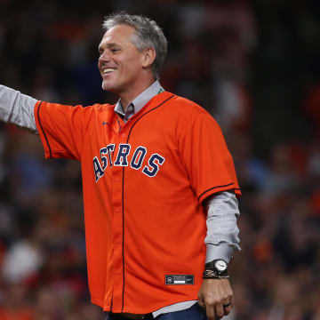 Oct 26, 2021; Houston, TX, USA; Houston Astros former player Craig Biggio throws out the ceremonial first pitch before playing the Atlanta Braves in game one of the 2021 World Series at Minute Maid Park.
