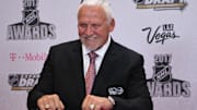 Jun 21, 2017; Las Vegas, NV, USA; Bernie Parent arrives on the red carpet before the 2017 NHL Awards and Expansion Draft at T-Mobile Arena. Mandatory Credit: Stephen R. Sylvanie-Imagn Images