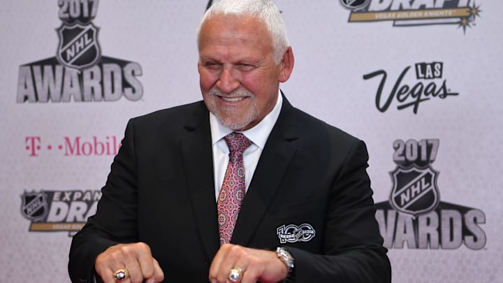 Jun 21, 2017; Las Vegas, NV, USA; Bernie Parent arrives on the red carpet before the 2017 NHL Awards and Expansion Draft at T-Mobile Arena. Mandatory Credit: Stephen R. Sylvanie-Imagn Images