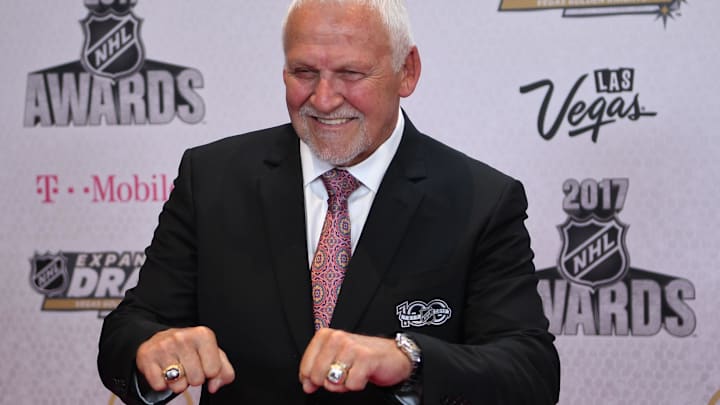 Jun 21, 2017; Las Vegas, NV, USA; Bernie Parent arrives on the red carpet before the 2017 NHL Awards and Expansion Draft at T-Mobile Arena. 