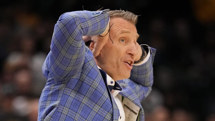 Feb 19, 2025; Columbia, Missouri, USA; Alabama Crimson Tide head coach Nate Oats reacts to a non-call against the Missouri Tigers during the first half at Mizzou Arena. Feb 19, 2025; Columbia, Missouri, USA; Alabama Crimson Tide head coach Nate Oats reacts to a non-call against the Missouri Tigers during the first half at Mizzou Arena.