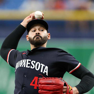 Minnesota Twins pitcher Pablo Lopez (49) throws a pitch against the Tampa Bay Rays in the first inning at Tropicana Field on Sept 5.