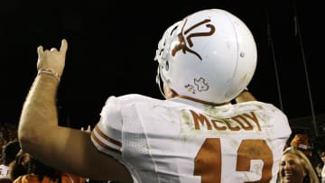 Nov 26, 2009; College Station, TX, USA; Texas Longhorns quarterback Colt McCoy (12) celebrates after defeating the Texas A&M Aggies.