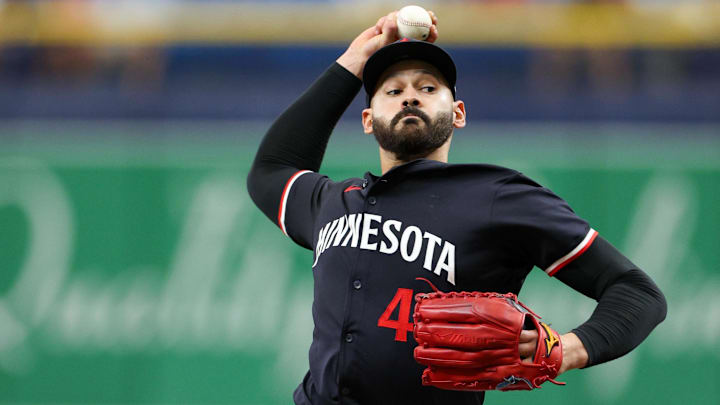 Sep 5, 2024; St. Petersburg, Florida, USA; Minnesota Twins pitcher Pablo Lopez (49) throws a pitch against the Tampa Bay Rays in the first inning at Tropicana Field. Mandatory Credit: Nathan Ray Seebeck-Imagn Images