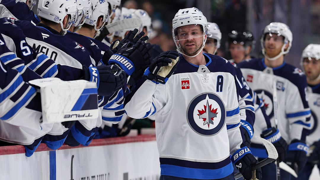 Winnipeg Jets defenceman Josh Morrissey (44) celebrates his goal against the Minnesota Wild.