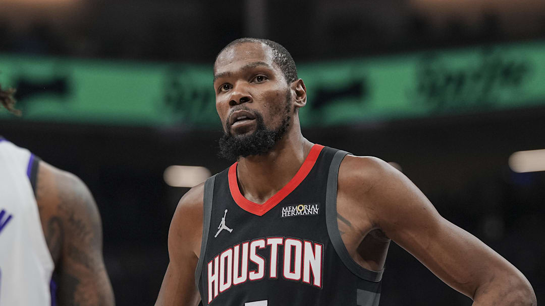 Jan 11, 2026; Sacramento, California, USA; Houston Rockets forward Kevin Durant (7) looks on during the second quarter against the Sacramento Kings at Golden 1 Center. Mandatory Credit: Justine Willard-Imagn Images