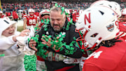 Nebraska Cornhuskers head coach Matt Rhule celebrates with his team after the game against the Boston College Eagles at Yankee Stadium.