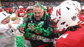 Nebraska Cornhuskers head coach Matt Rhule celebrates with his team after the game against the Boston College Eagles at Yankee Stadium.