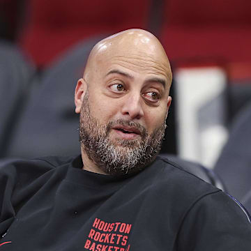 Nov 24, 2023; Houston, Texas, USA; Houston Rockets general manager Rafael Stone talks before the game against the Denver Nuggets at Toyota Center. Mandatory Credit: Troy Taormina-Imagn Images