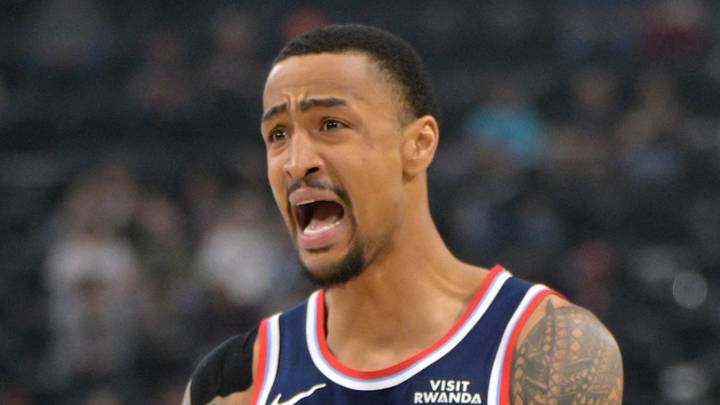 Feb 4, 2026; Inglewood, California, USA; Los Angeles Clippers forward John Collins (20) reacts after he was charged with a foul on Cleveland Cavaliers guard Donovan Mitchell (45) in the first half at Intuit Dome. Mandatory Credit: Jayne Kamin-Oncea-Imagn Images