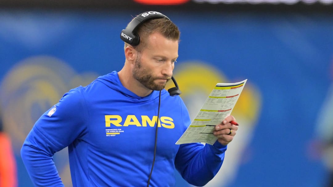 Jan 4, 2026; Inglewood, California, USA;  Los Angeles Rams head coach Sean McVay looks at his play sheet during the second half against the Arizona Cardinals at SoFi Stadium. Mandatory Credit: Jayne Kamin-Oncea-Imagn Images