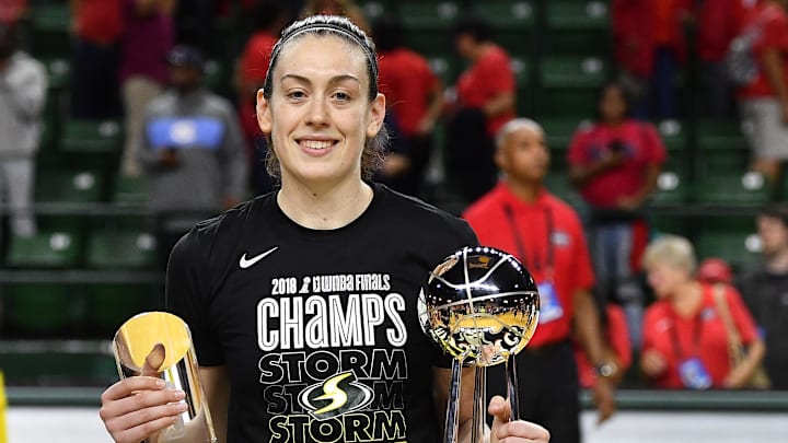 Sep 12, 2018; Washington, DC, USA; Seattle Storm forward Breanna Stewart (30) poses with MVP and Championship trophy after defeating the Washington Mystics after the game in game three of the WNBA Finals at Eagle Bank Arena. Mandatory Credit: Brad Mills-Imagn Images