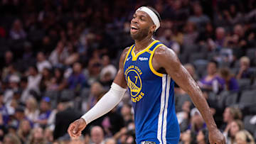 Oct 9, 2024; Sacramento, California, USA; Golden State Warriors guard Buddy Hield (7) reacts after being fouled during the third quarter against the Sacramento Kings at Golden 1 Center. Mandatory Credit: Ed Szczepanski-Imagn Images